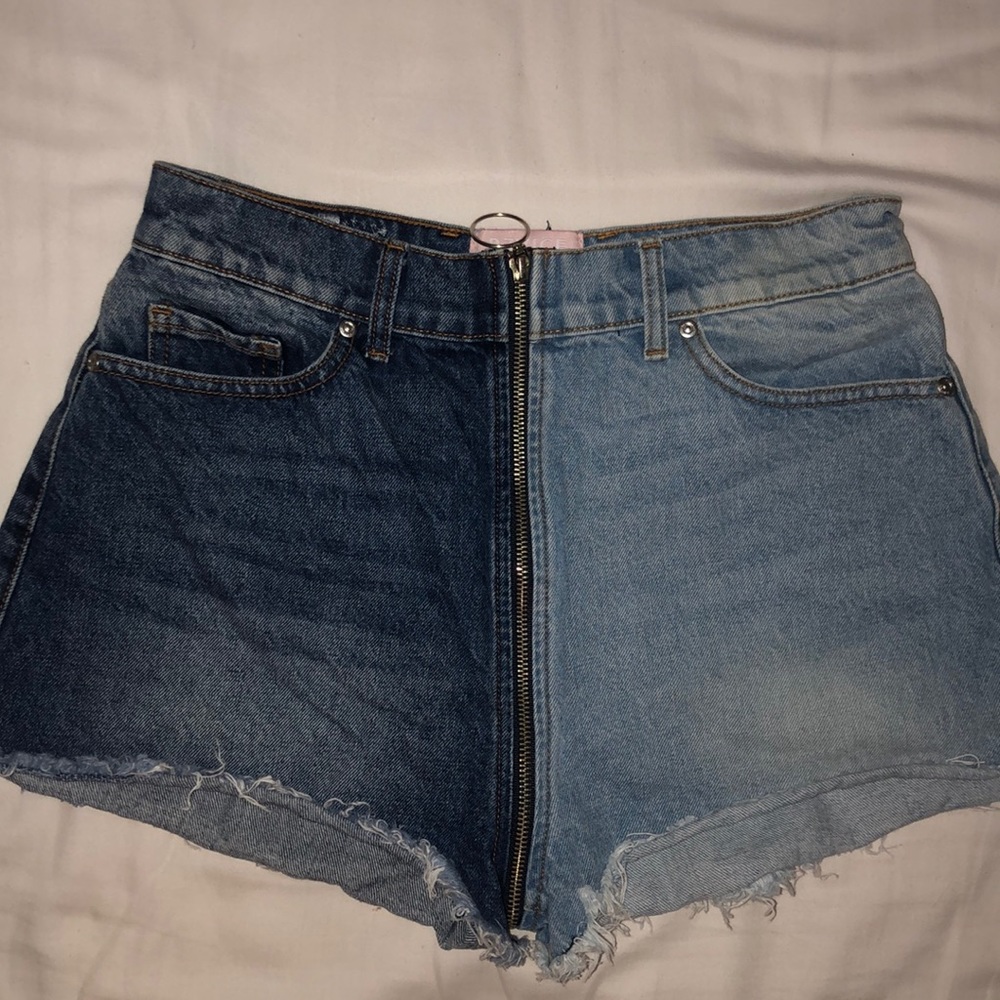REVICE Two-Tone Denim High-Waist Shorts — Dark & Light Blue
